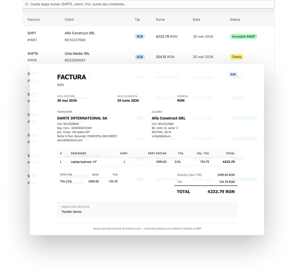 Lista facturilor in admin Shopify cu factura PDF generata automat